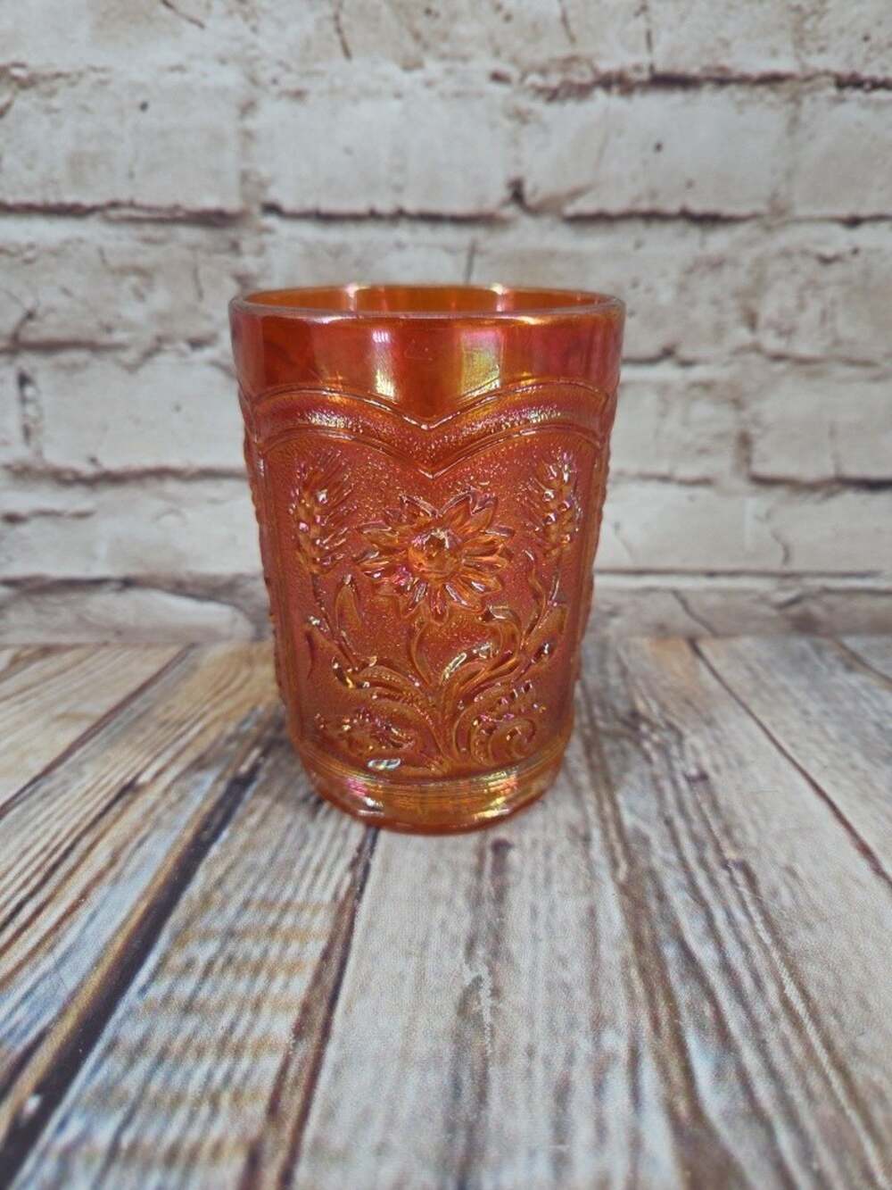 Vintage Imperial Marigold Carnival Glass Field Flower Tumbler 4"